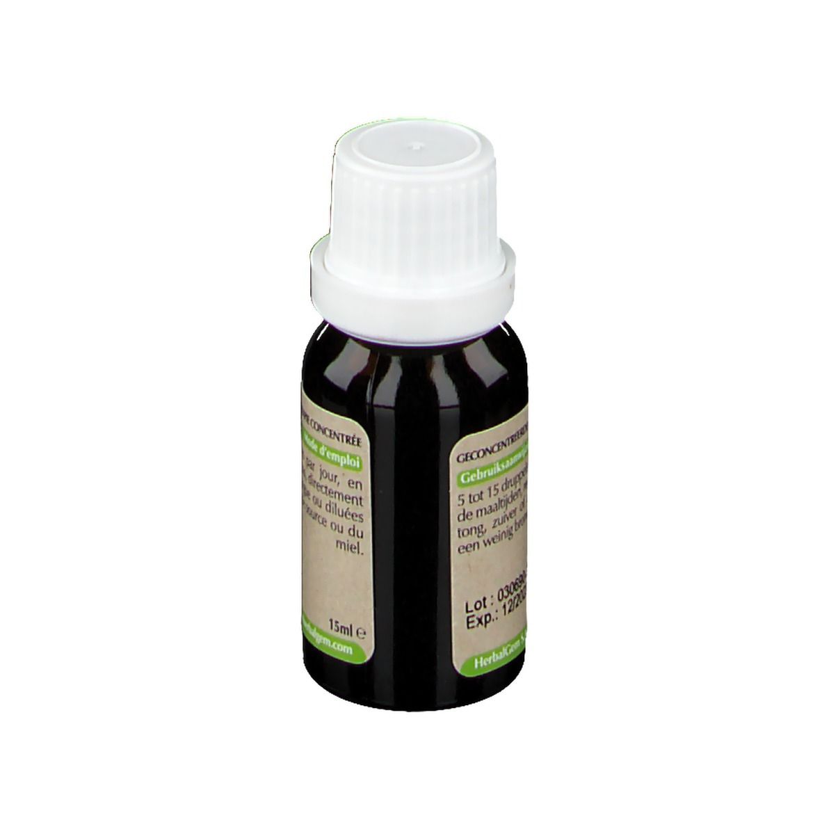 Flacone di vetro marrone con tappo bianco. Etichetta con informazioni sul prodotto e logo HerbalGem. 15ml.