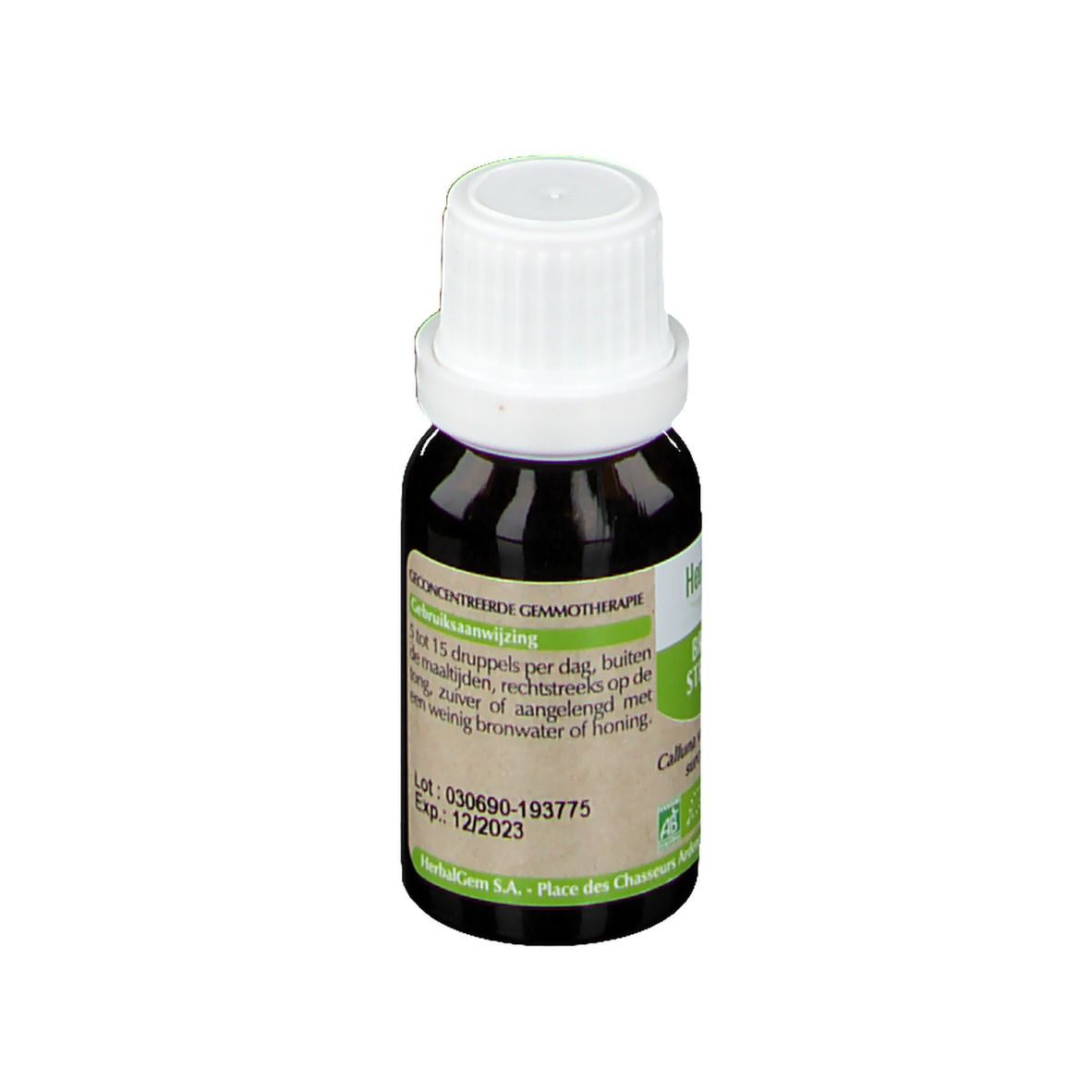 Flacone di vetro marrone con tappo bianco. Etichetta con informazioni sul prodotto e logo HerbalGem. Scadenza 12/2023.
