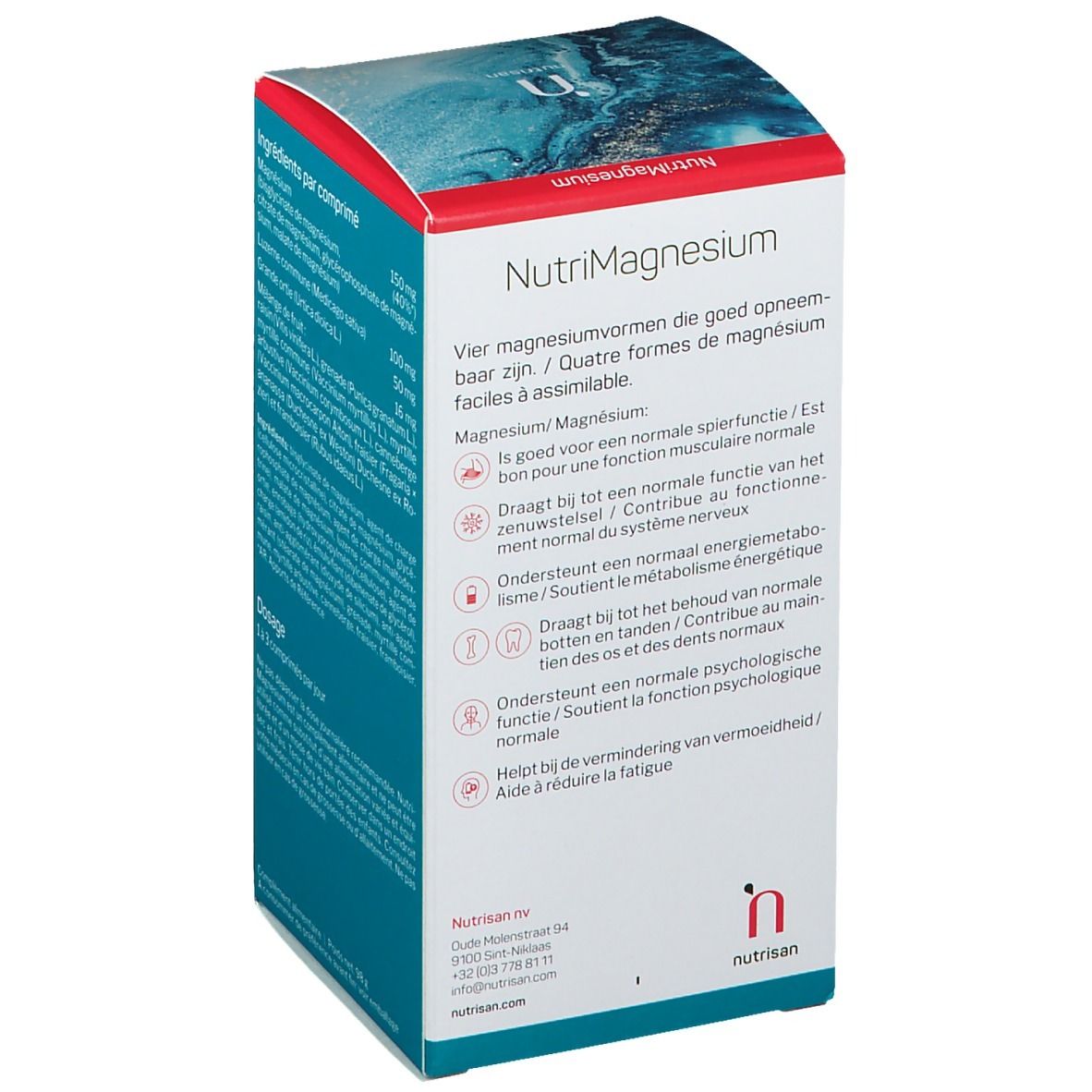 Lato della scatola Nutrisan NutriMagnesium. Informazioni sui benefici. 60 compresse.