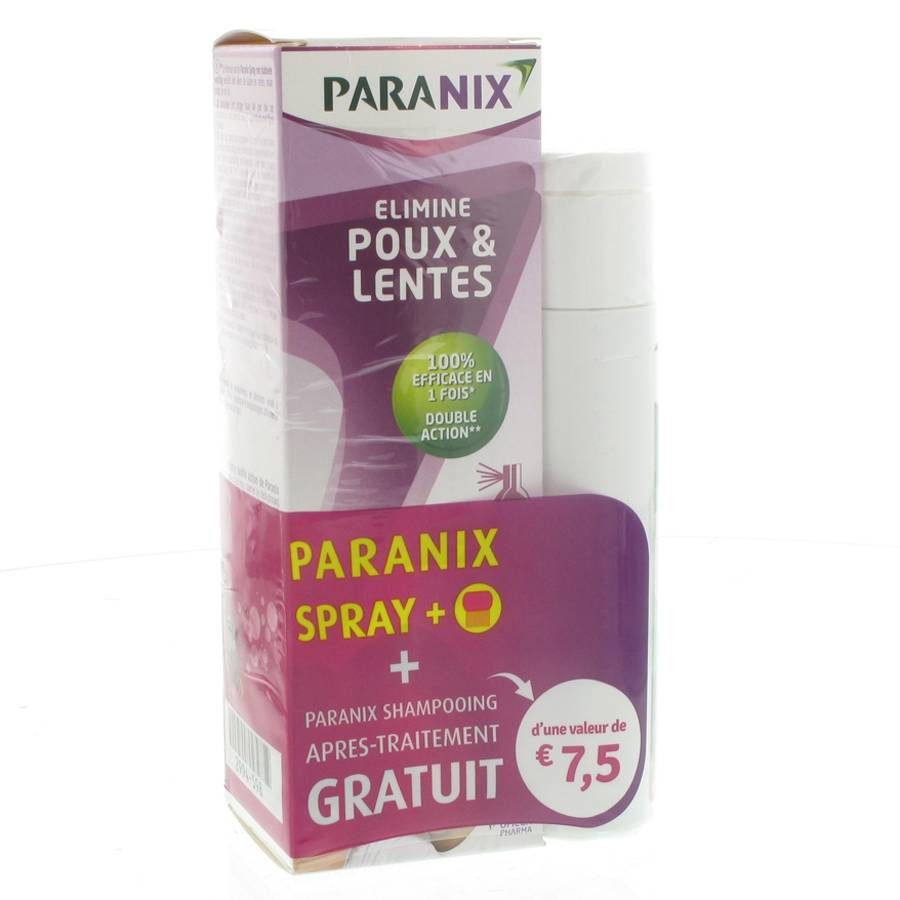 Spray Paranix e confezione. Scritta: 'Elimine poux & lentes'. Shampoo Paranix gratuito.