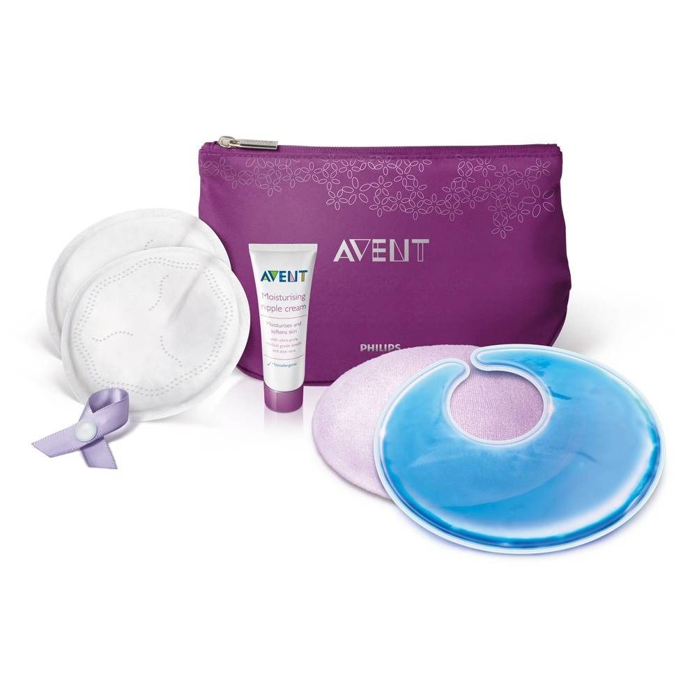 Set con coppette assorbilatte, cuscinetti rinfrescanti, crema e borsa. Borsa viola con logo AVENT. Nastro.
