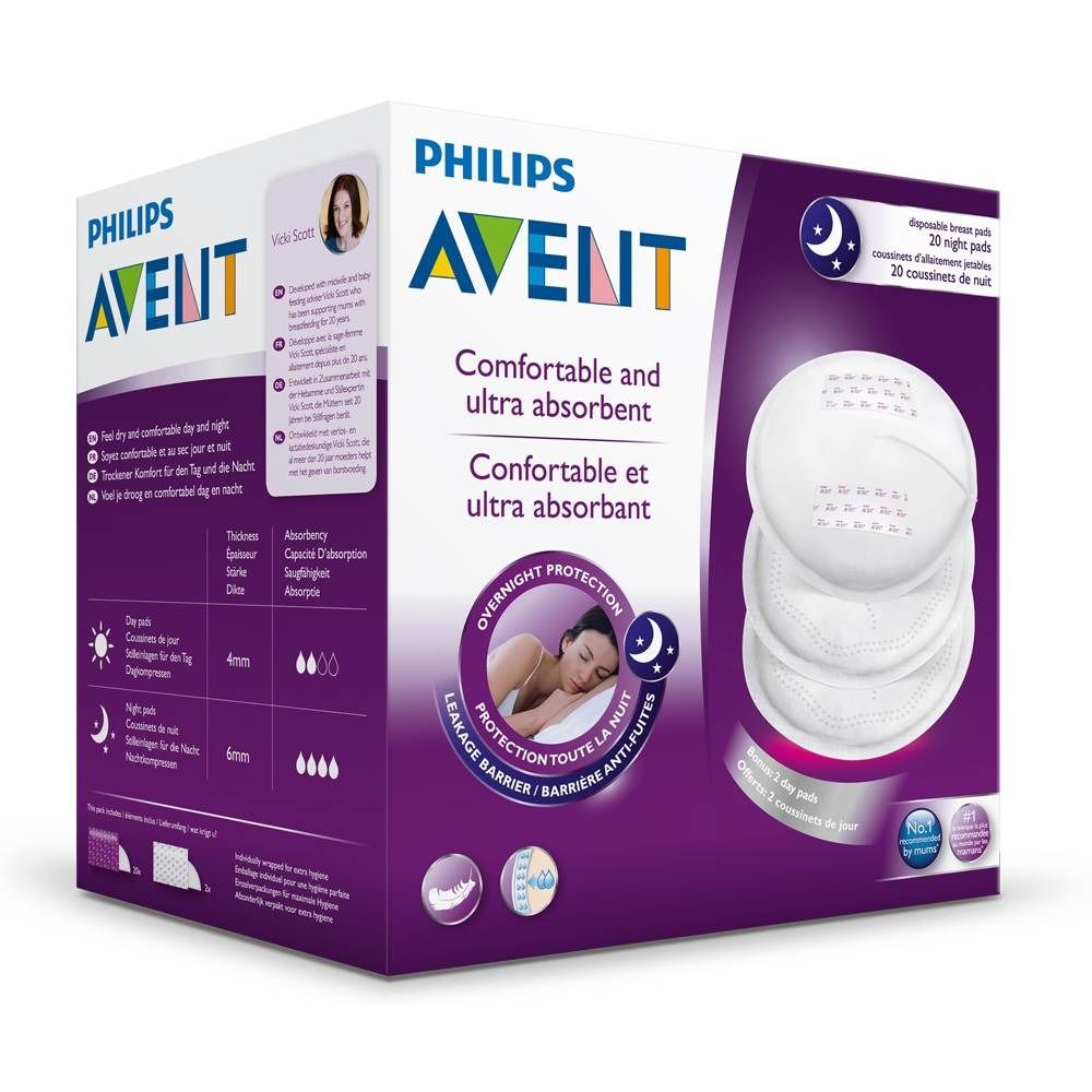 Confezione di cuscinetti assorbilatte Philips Avent. Comodi e ultra assorbenti. Protezione notturna. 30 pezzi.