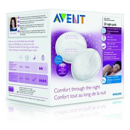 Confezione cuscinetti assorbilatte Philips Avent. 20 cuscinetti notte. Ultra-asciutti, morbidi. 2 cuscinetti omaggio.