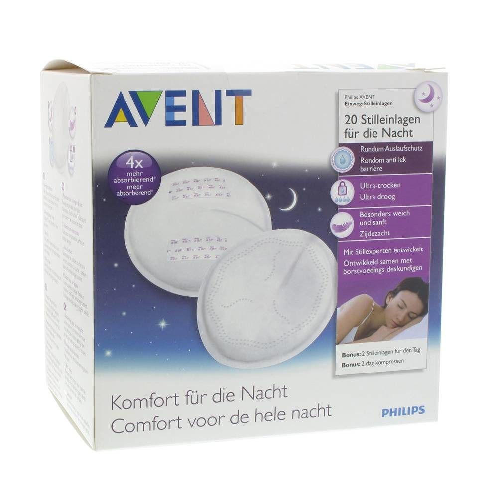 Confezione cuscinetti assorbilatte Philips Avent. 20 cuscinetti notte. Ultra-asciutti, morbidi. 2 cuscinetti omaggio.