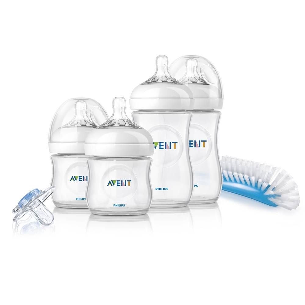 Set di biberon Philips AVENT. Quattro biberon, ciuccio e spazzola. Bianco e trasparente. Senza BPA.