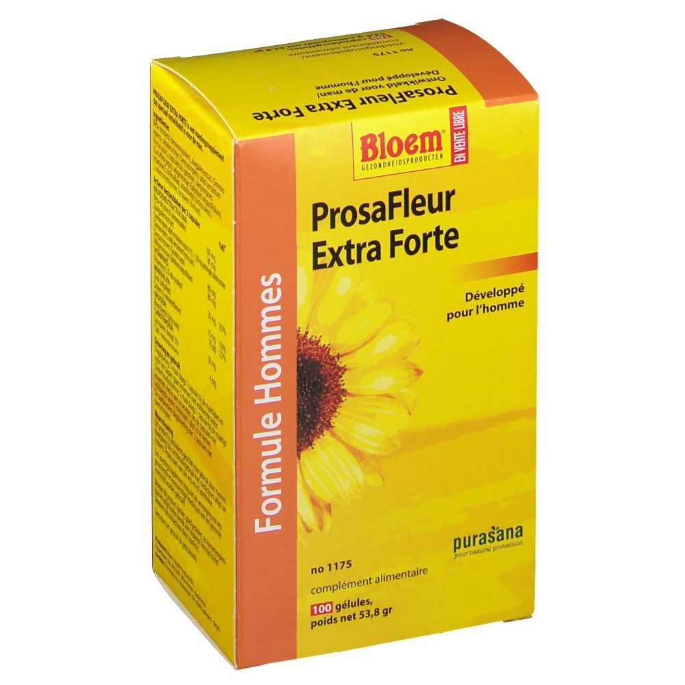 Scatola gialla "ProsaFleur Extra Forte" con girasole. Marchio: Bloem. Testo: "Formule Hommes".