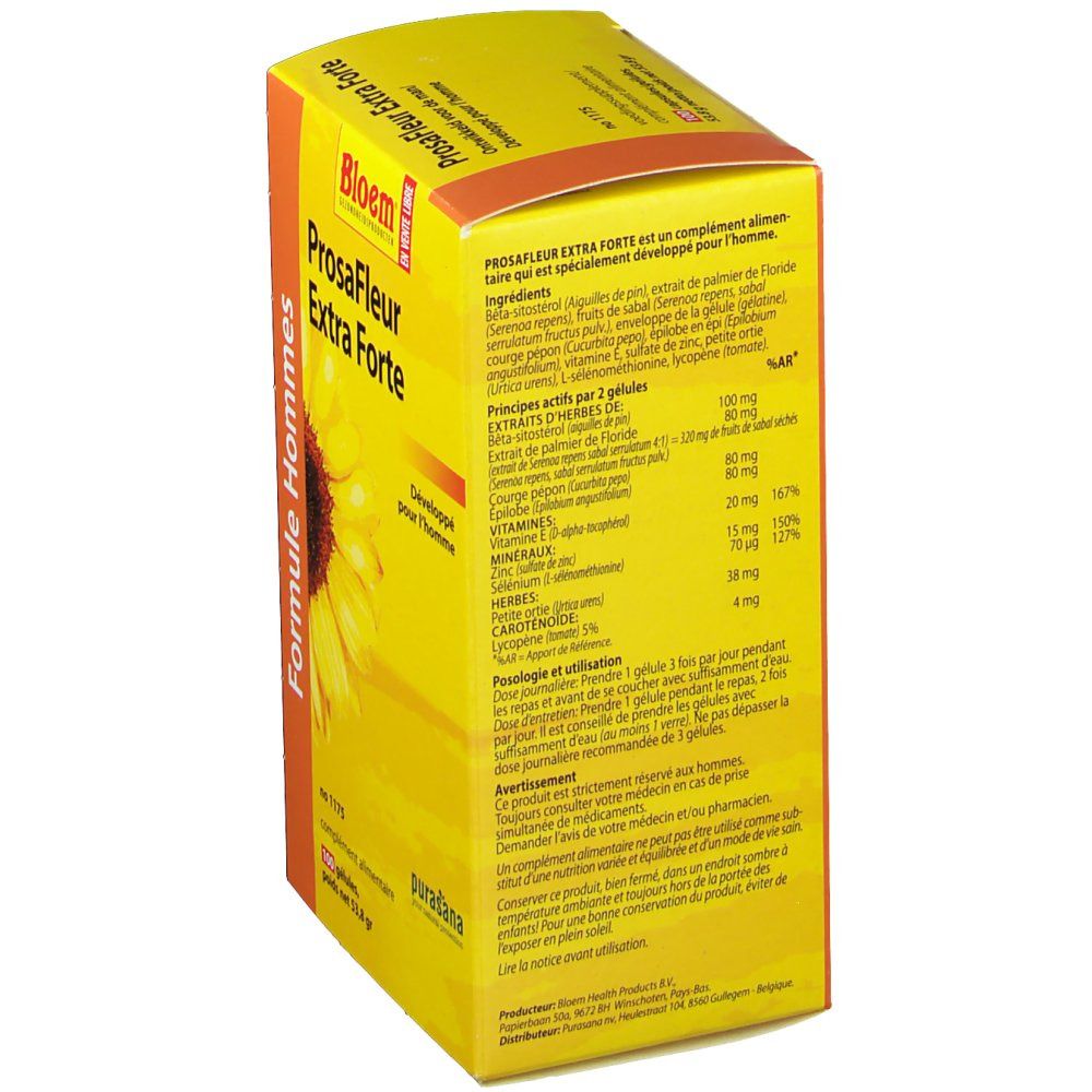 Retro della scatola gialla "ProsaFleur Extra Forte". Testo con ingredienti e informazioni nutrizionali.