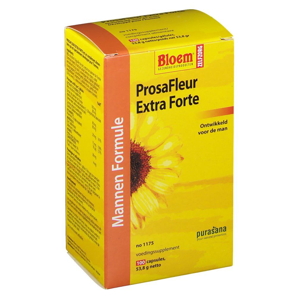 Scatola gialla "ProsaFleur Extra Forte" con girasole. Testo: "Mannen Formule". Marchio: Bloem.