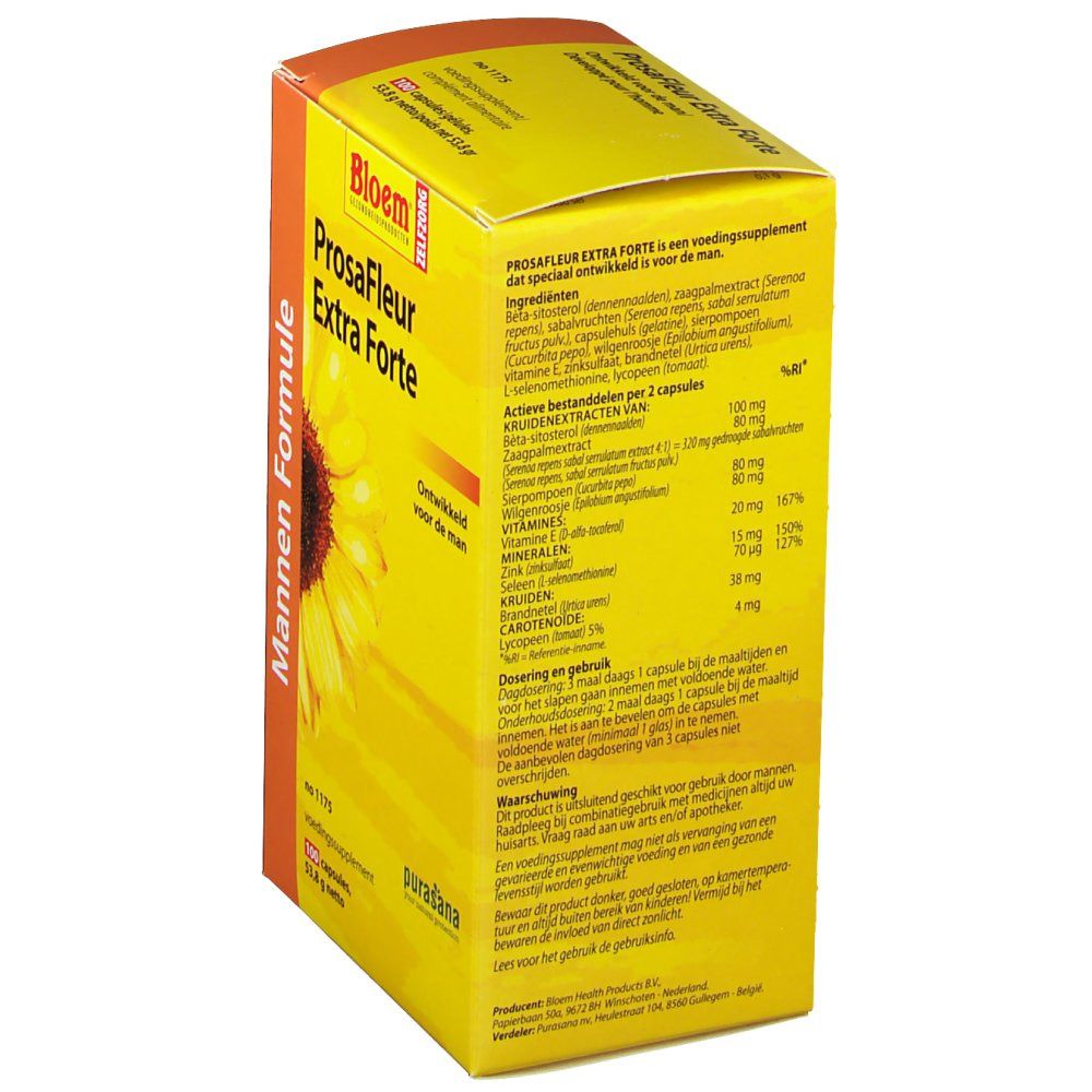 Retro della scatola gialla "ProsaFleur Extra Forte". Testo con ingredienti e informazioni nutrizionali.