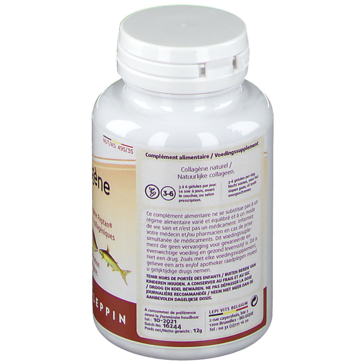 Retro del flacone bianco LEPPIN Collagène marin. Testo: Complément alimentaire, Collagène naturel, 3-6 capsule al giorno. Informazioni.