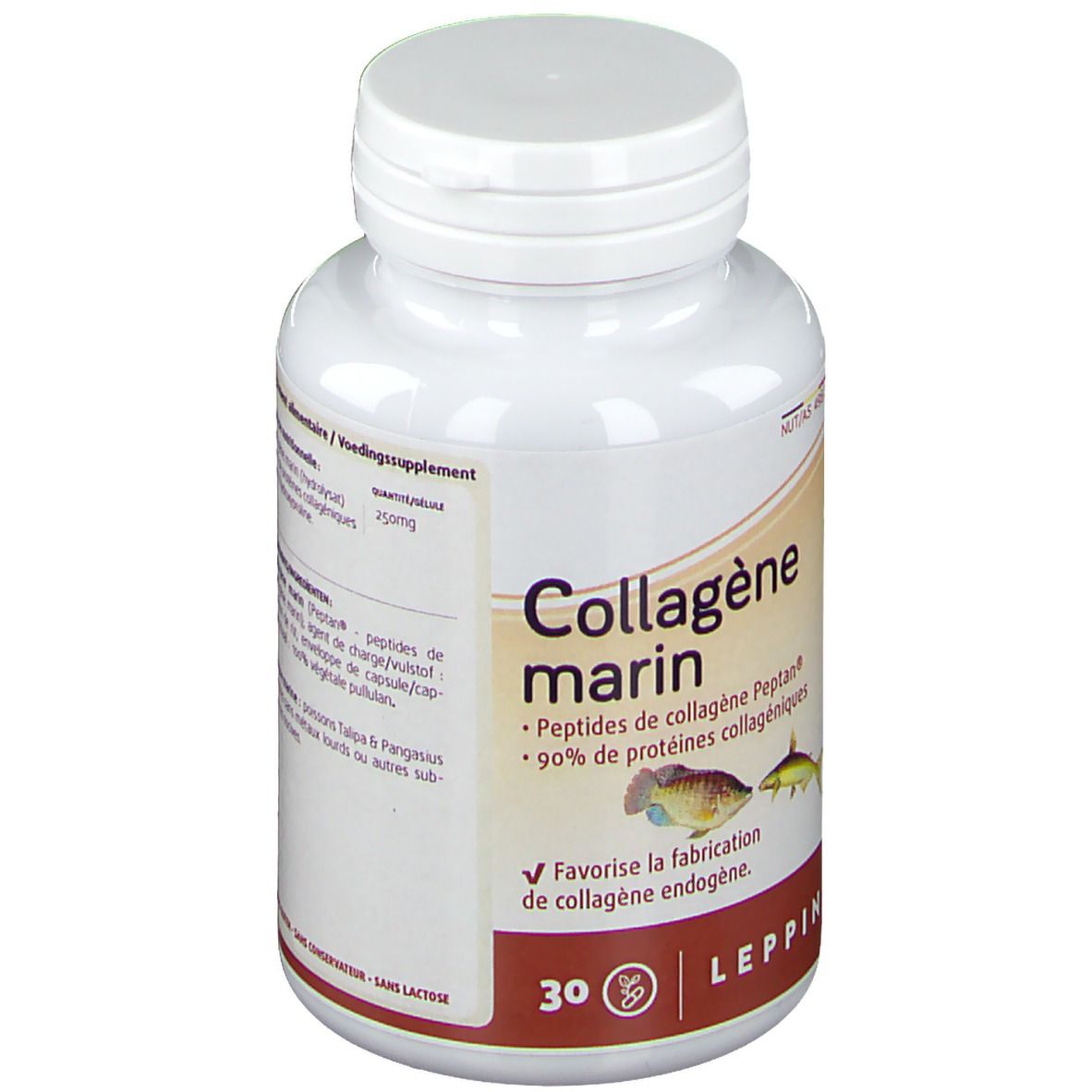Flacone bianco LEPPIN Collagène marin. Scritta: Peptides de collagène Peptan, 90% de protéines collagéniques. 30 capsule. Illustrazioni di pesci.