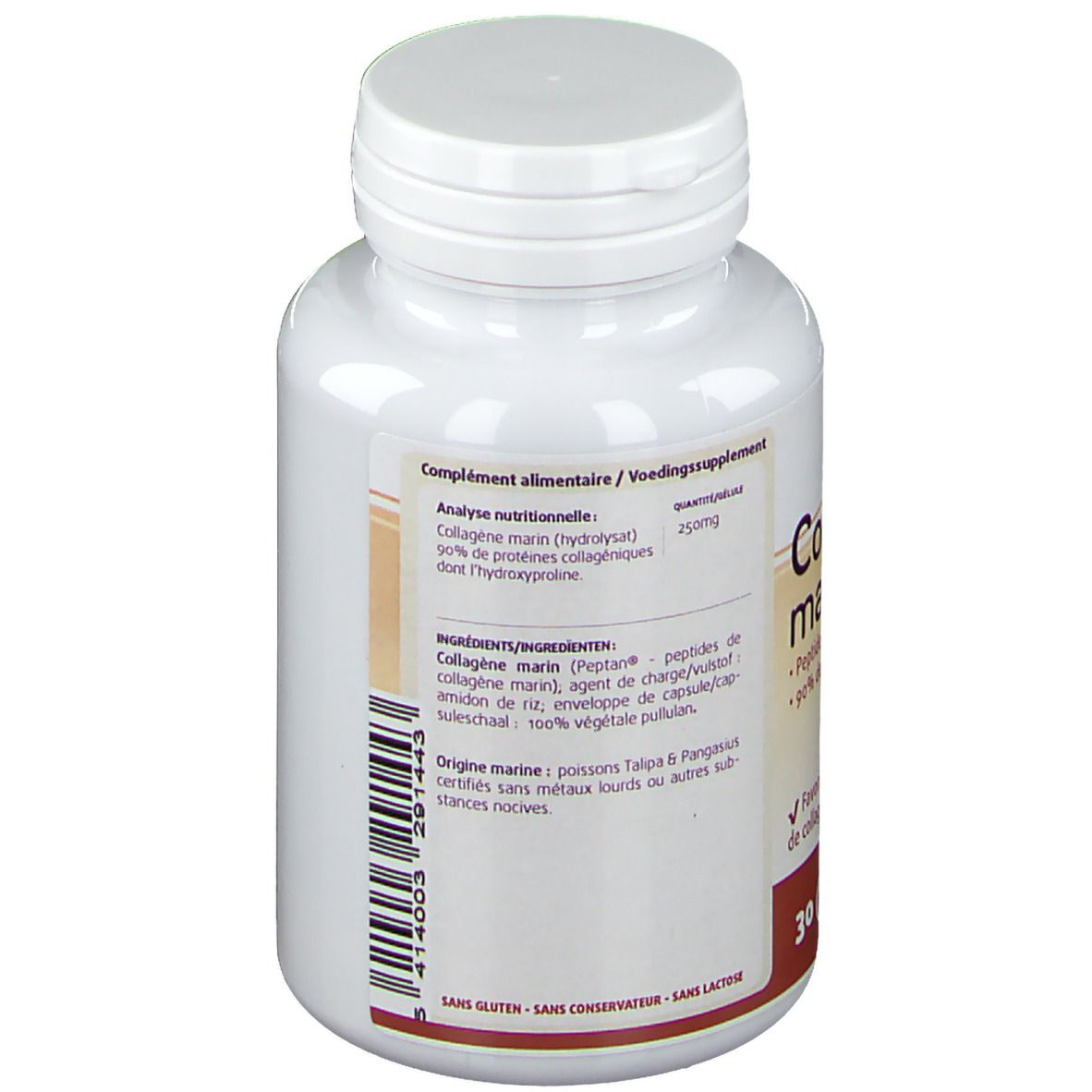 Retro del flacone bianco LEPPIN Collagène marin. Testo: Analyse nutritionnelle, Ingrédients, Origine marine. Codice a barre.