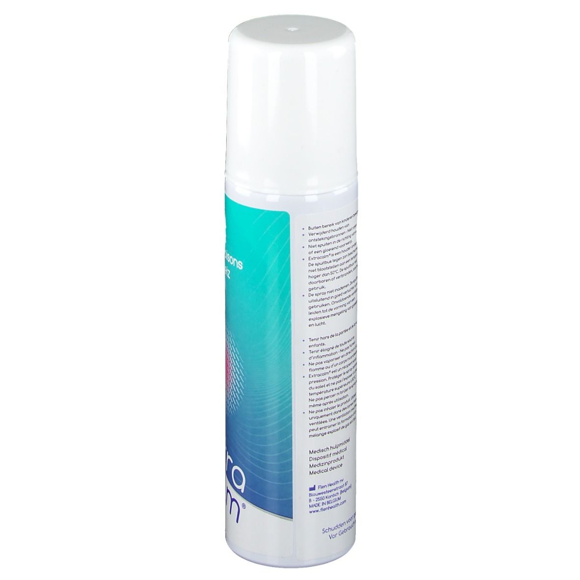 Flacone spray, bianco con fascia blu-verde. Scritta: extra calm. Contro il prurito. Cerchio rosso.