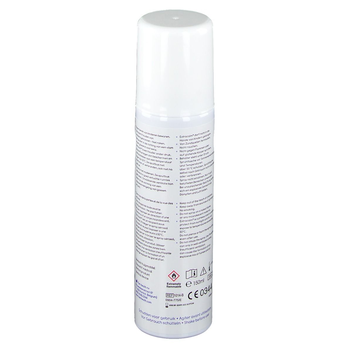 Flacone spray, bianco con fascia blu-verde. Scritta: extra calm. Contro il prurito. Cerchio rosso.