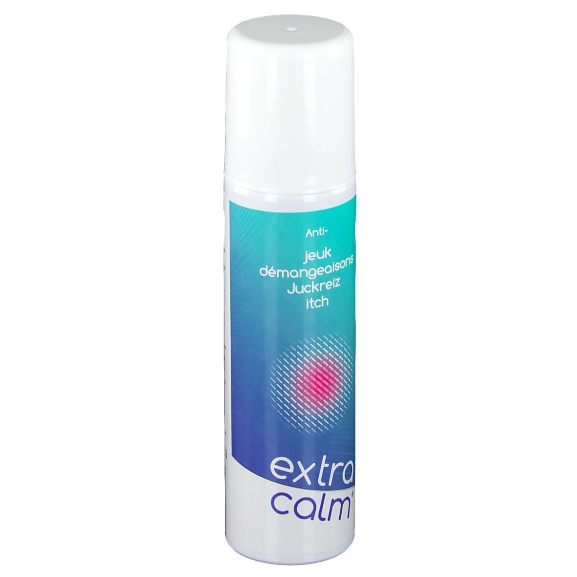 Flacone spray, bianco con fascia blu-verde. Scritta: extra calm. Contro il prurito. Cerchio rosso.