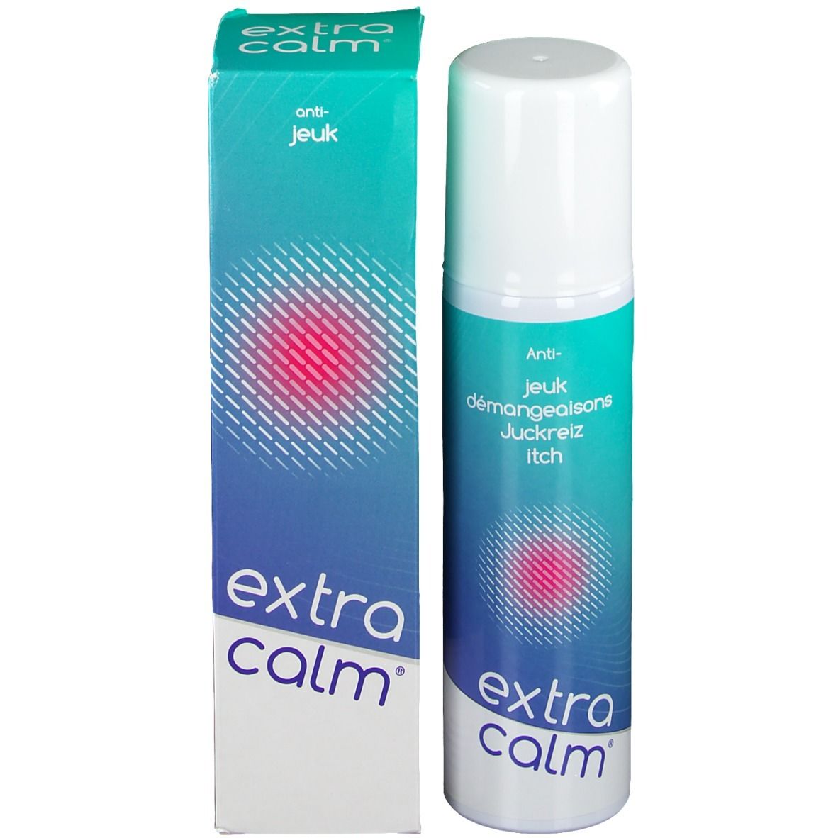 Flacone spray e scatola. Scritta: extra calm. Contro il prurito. Sfumatura blu-verde. Cerchio rosso.
