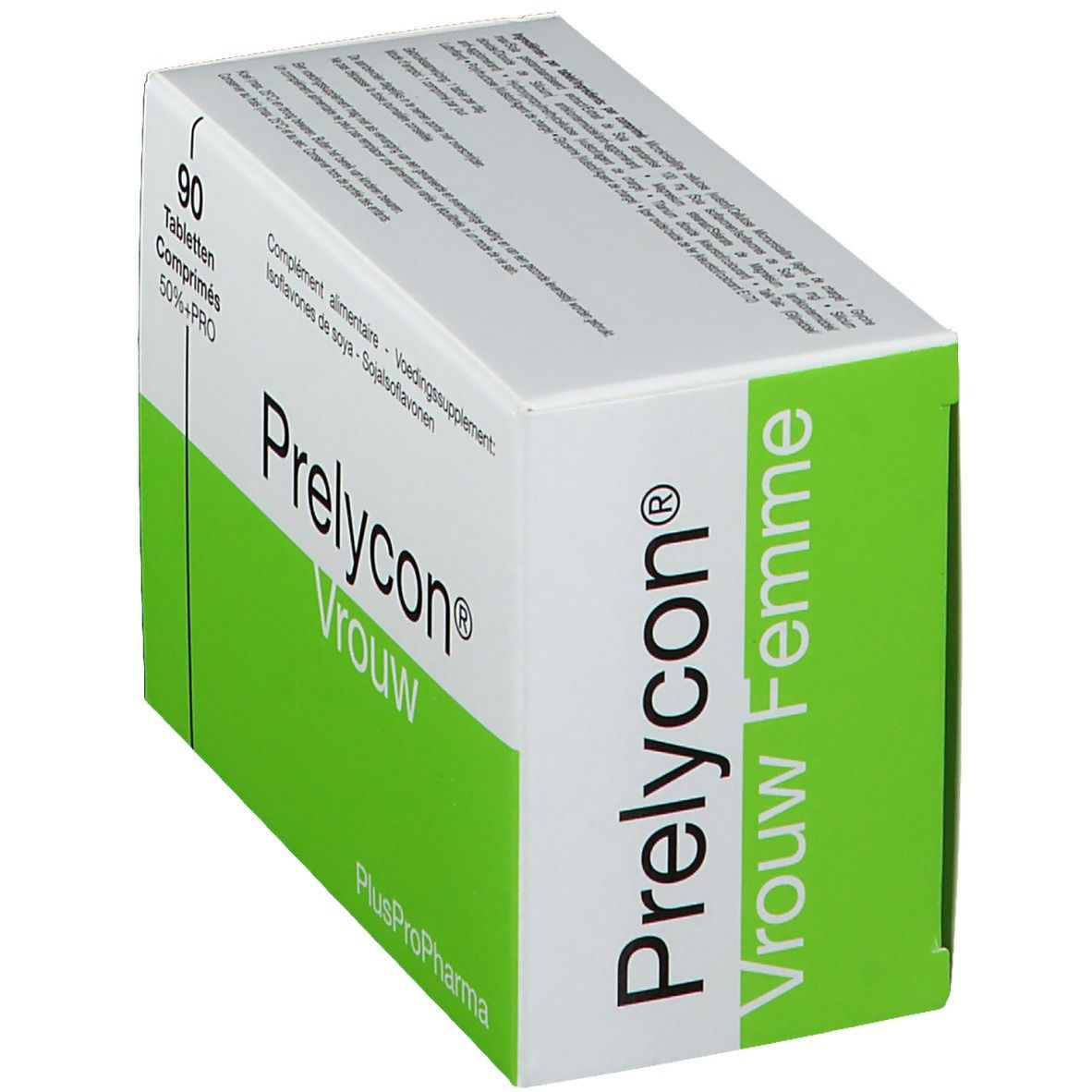 Scatola bianca e verde 'Prelycon Vrouw Femme'. Contiene 90 compresse. Testo in olandese, francese e inglese.
