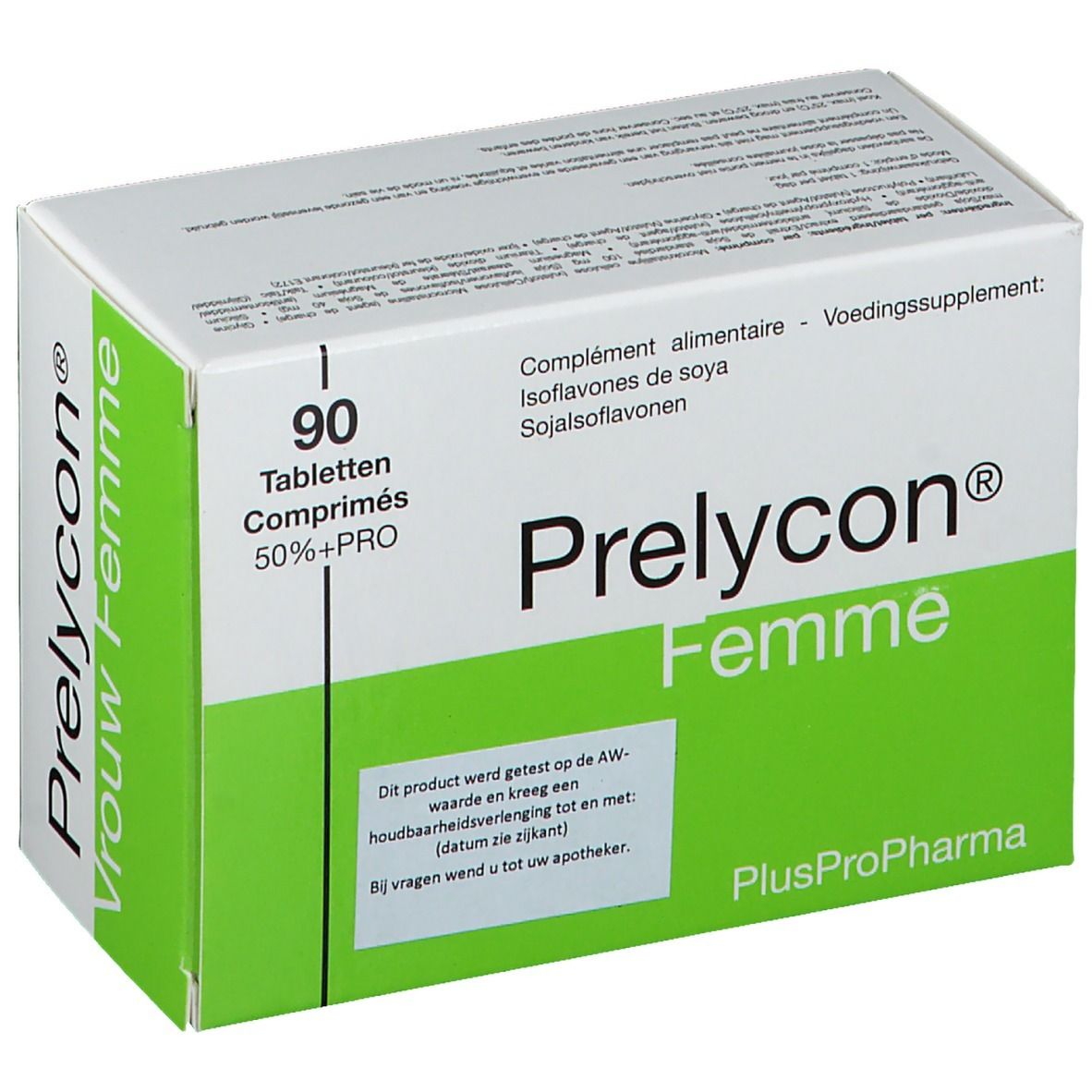 Scatola bianca e verde 'Prelycon Femme'. Contiene 90 compresse. Testo in olandese, francese e inglese.