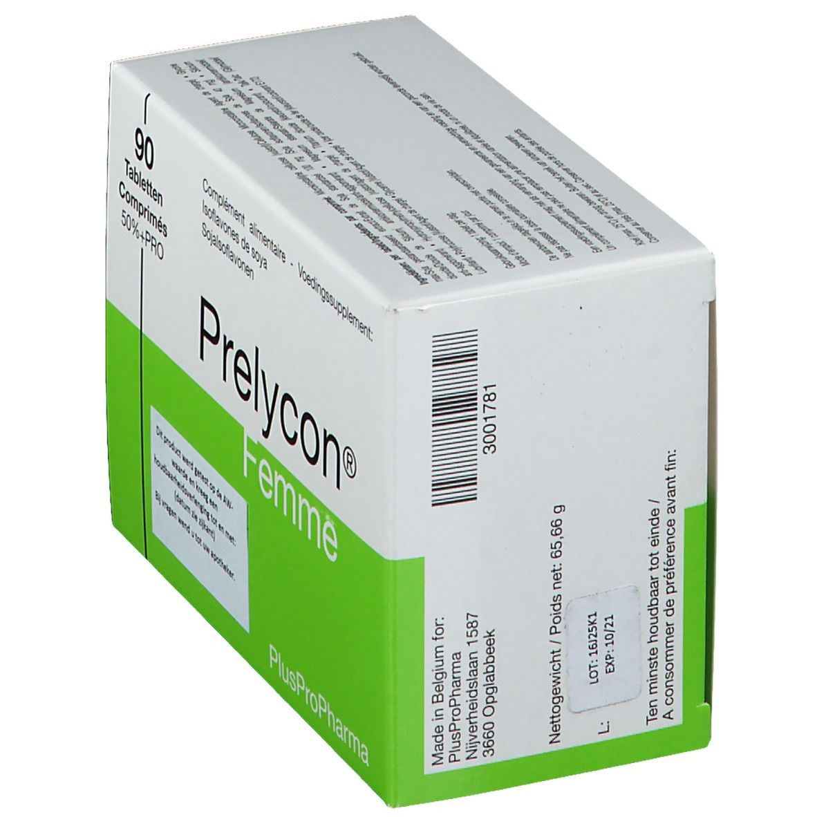 Scatola bianca e verde 'Prelycon Femme'. Contiene 90 compresse. Testo in olandese, francese e inglese. Dettagli di produzione.