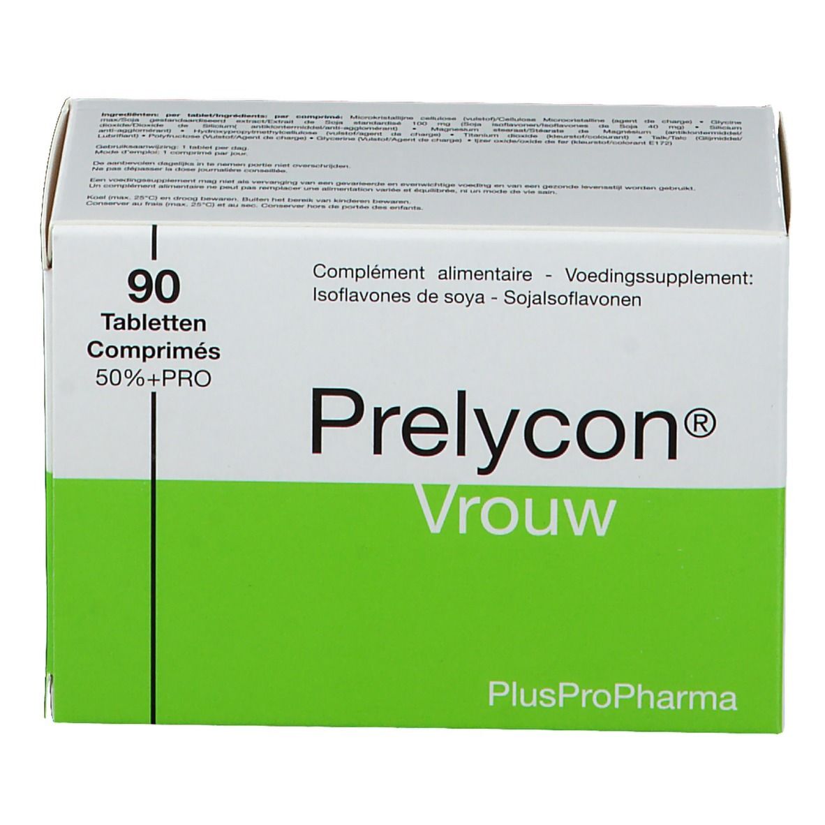 Scatola bianca e verde 'Prelycon Vrouw'. Contiene 90 compresse. Testo in olandese, francese e inglese.