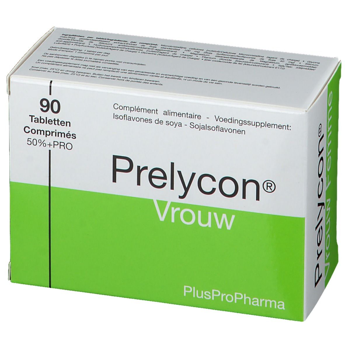 Scatola bianca e verde 'Prelycon Vrouw'. Contiene 90 compresse. Testo in olandese, francese e inglese.