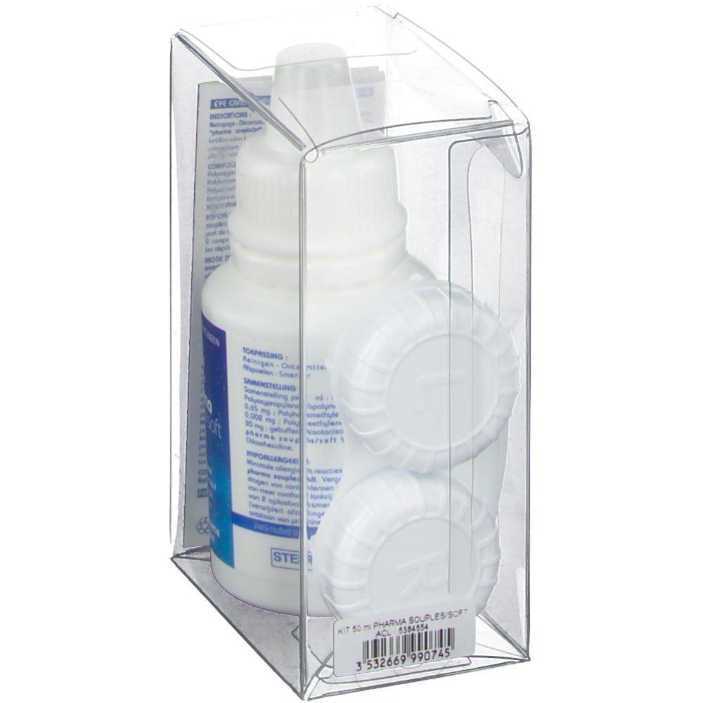 Flacone bianco e contenitore per lenti a contatto in confezione trasparente. Retro con testo. Scritta: Eye Care Pharma souples/soft.