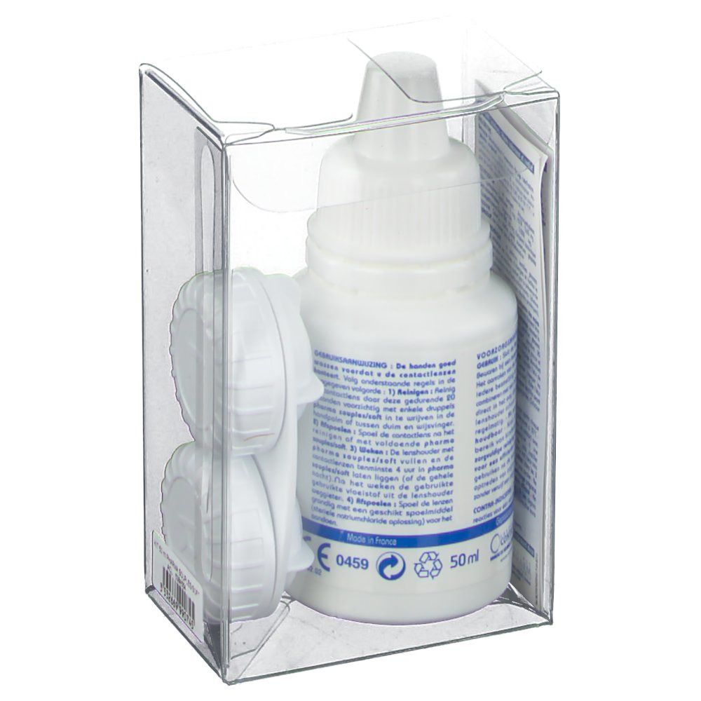 Flacone bianco e contenitore per lenti a contatto in confezione trasparente. Retro con testo. Scritta: Eye Care Pharma souples/soft.