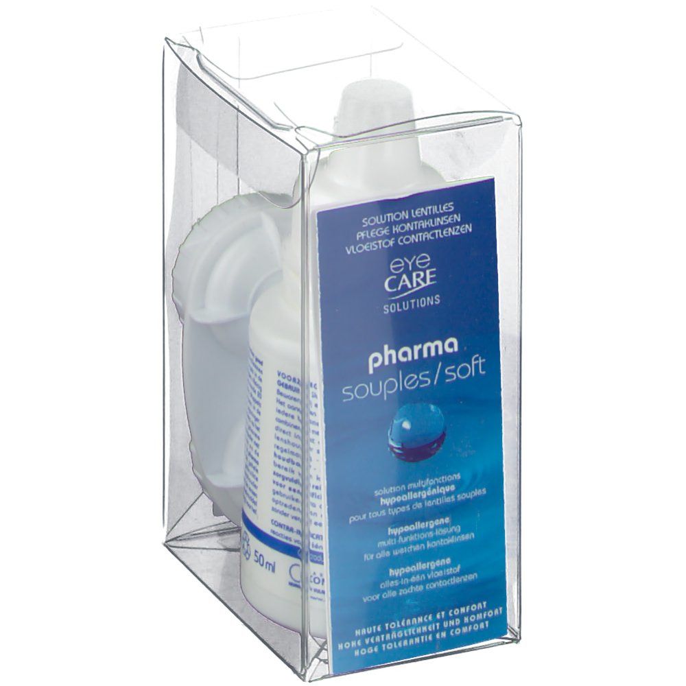 Flacone bianco e contenitore per lenti a contatto in confezione trasparente. Scritta: Eye Care Pharma souples/soft.