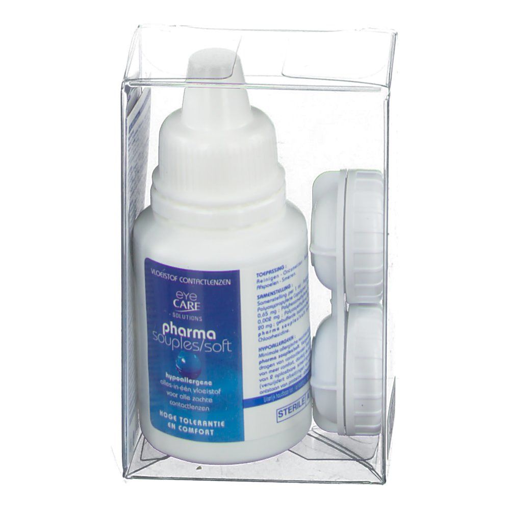 Flacone bianco e contenitore per lenti a contatto in confezione trasparente. Scritta: Eye Care Pharma souples/soft.