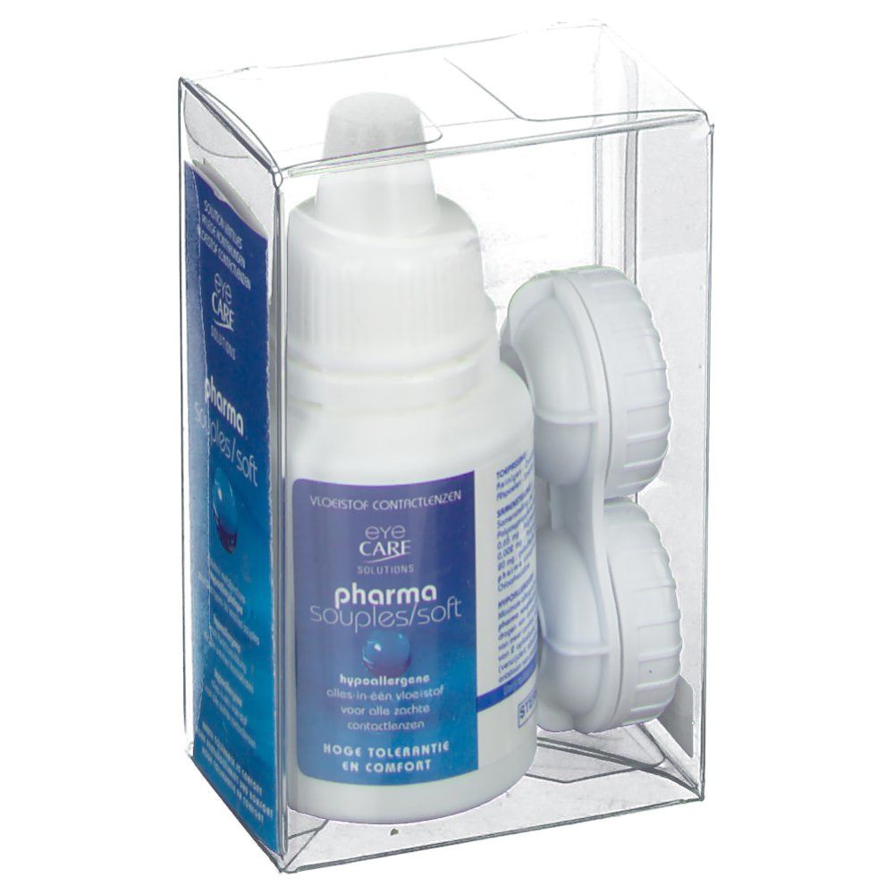 Flacone bianco e contenitore per lenti a contatto in confezione trasparente. Scritta: Eye Care Pharma souples/soft.