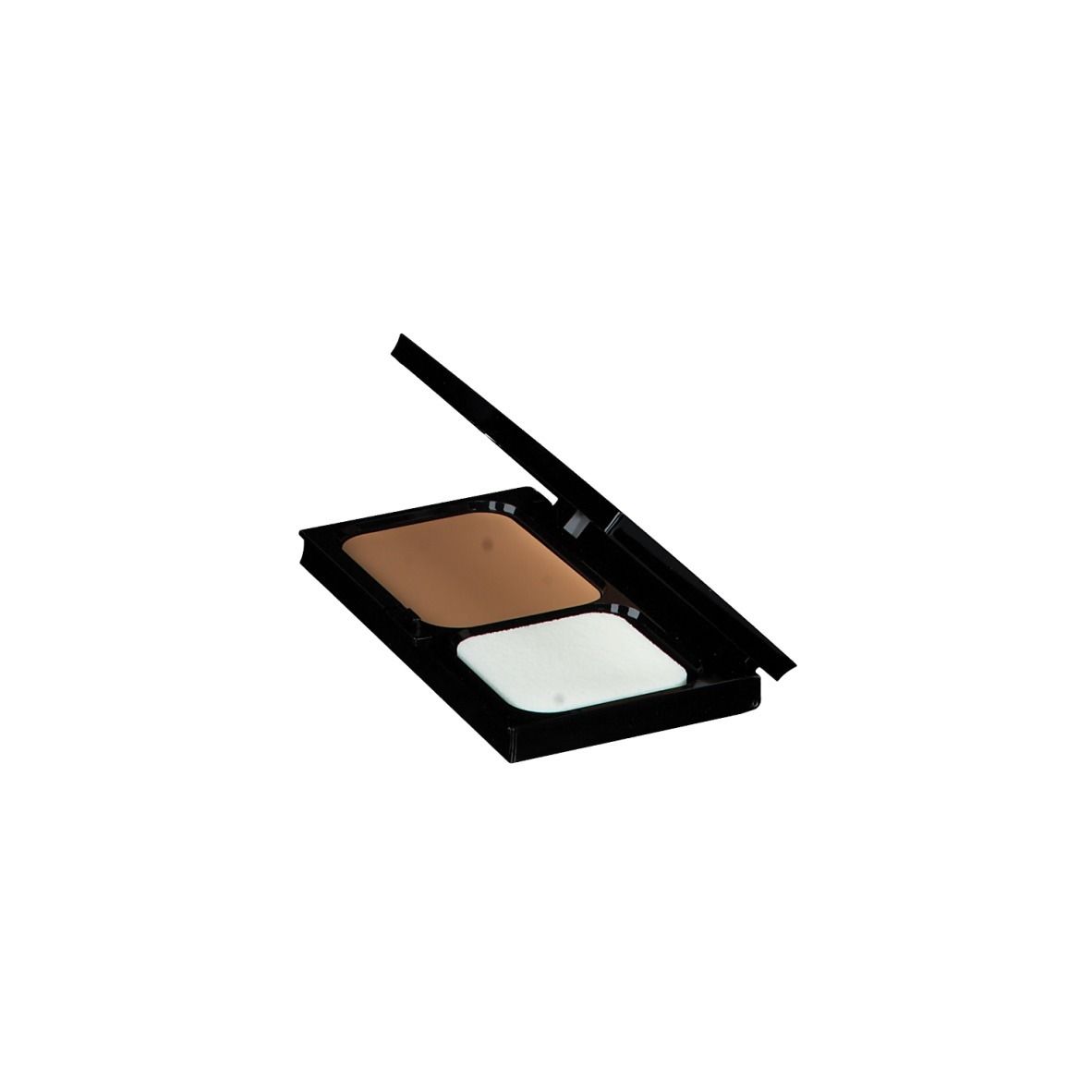 Make-up compatto in crema aperto. Custodia nera con make-up e spugna. Vista angolare.