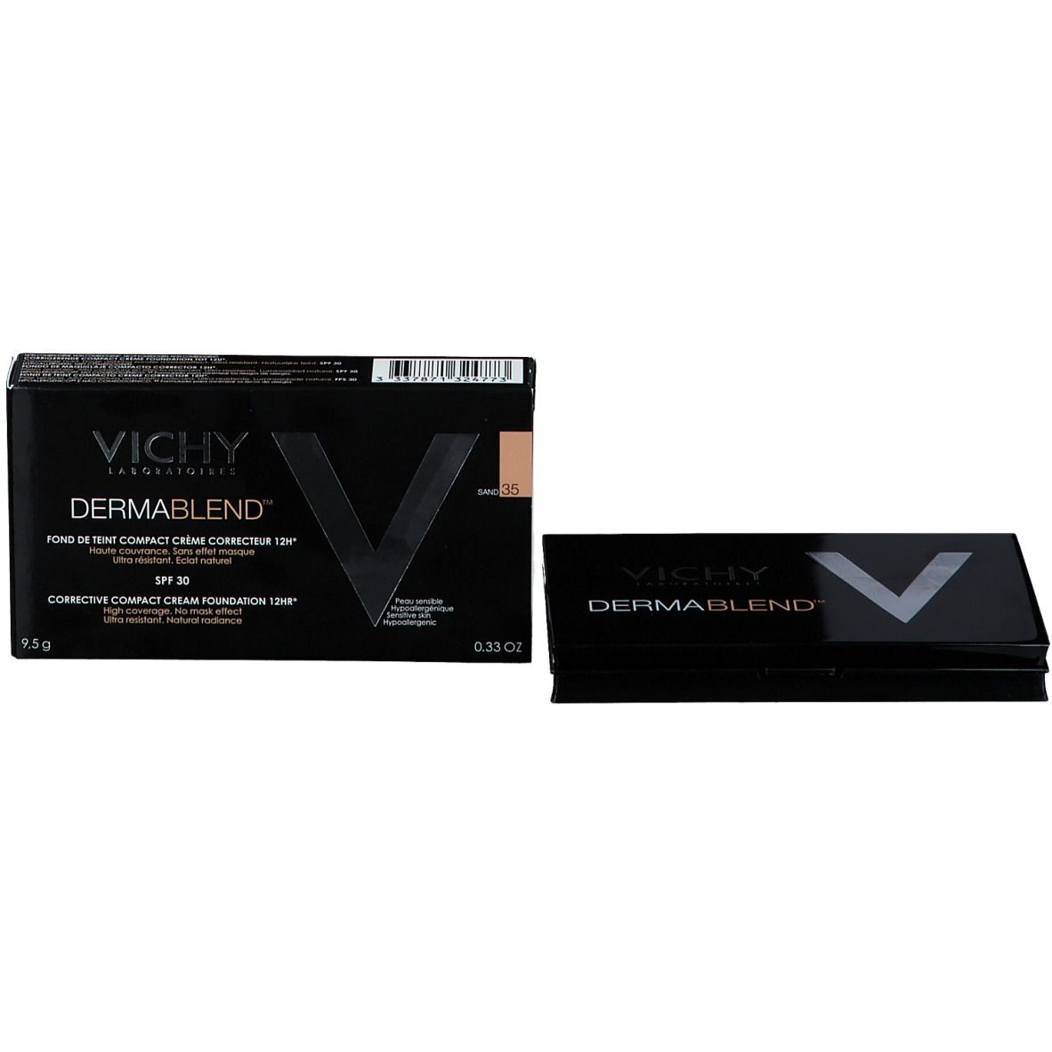 Vichy Dermablend Make-up compatto in crema e confezione. Confezione nera con informazioni sul prodotto.