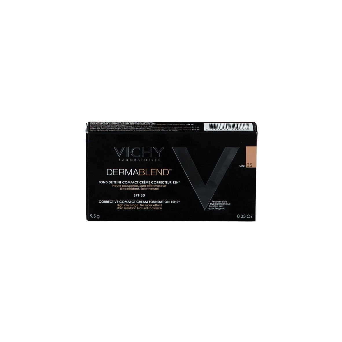 Vichy Dermablend Make-up compatto in crema. Confezione nera con informazioni sul prodotto. Tonalità 35.