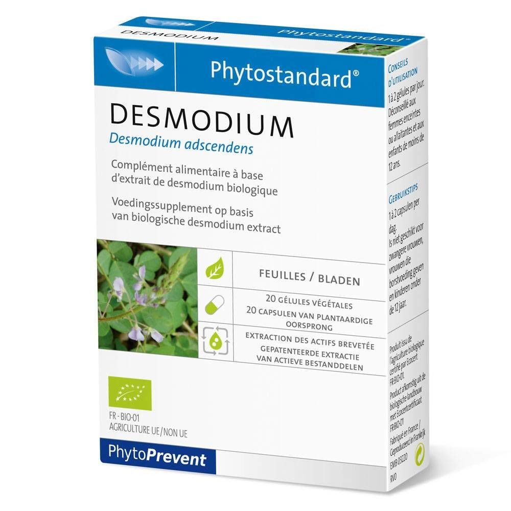 Scatola "Desmodium". Contiene 20 capsule. Marchio biologico. Marca: PhytoPrevent.