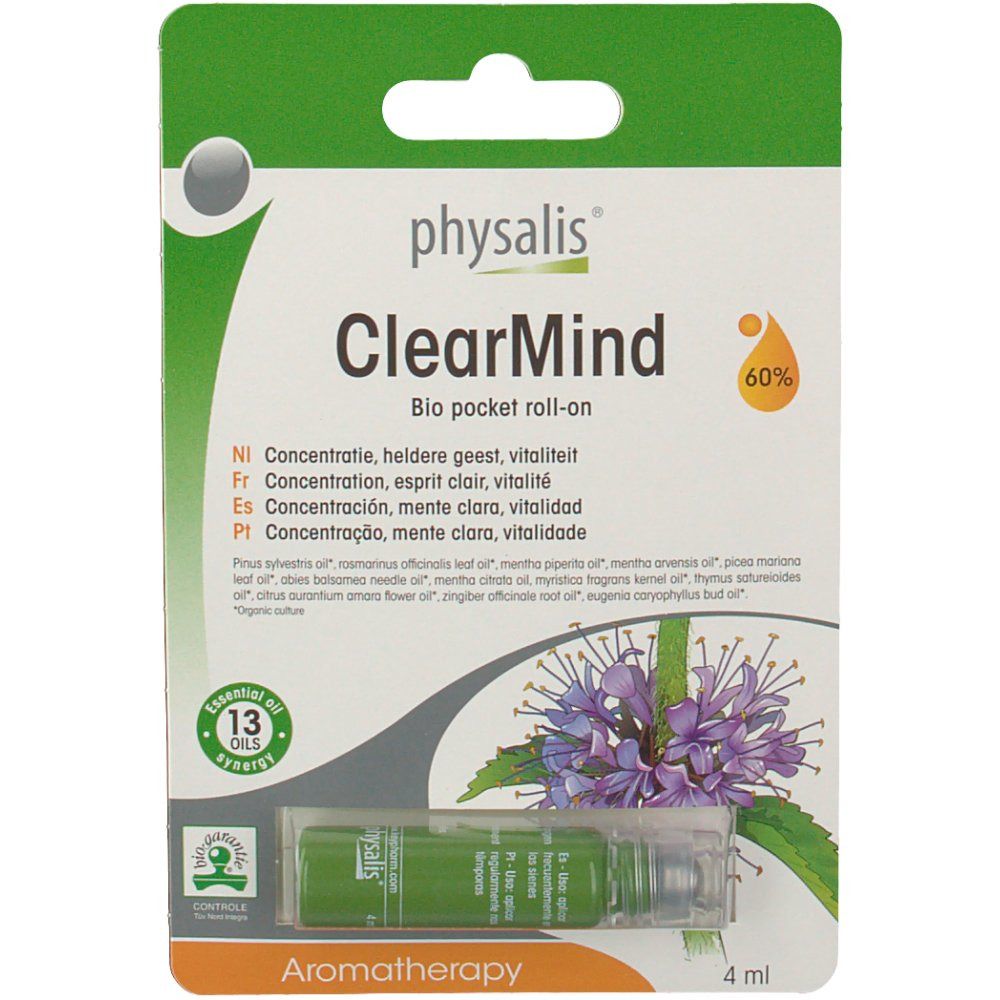 Confezione con roll-on. Scritta: Physalis ClearMind Bio. 60% e 13 oli. Aromaterapia. 4 ml.
