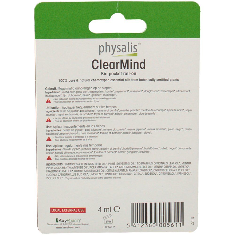 Retro della confezione. Scritta: Physalis ClearMind. Testo su ingredienti e uso. 4 ml.
