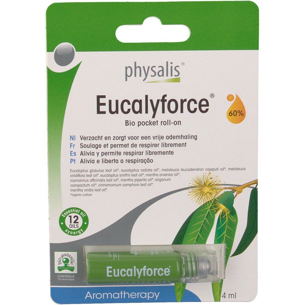 Roll-on in confezione blister. Scritta: Eucalyforce, Bio pocket roll-on. Contiene 12 oli essenziali. 4 ml.