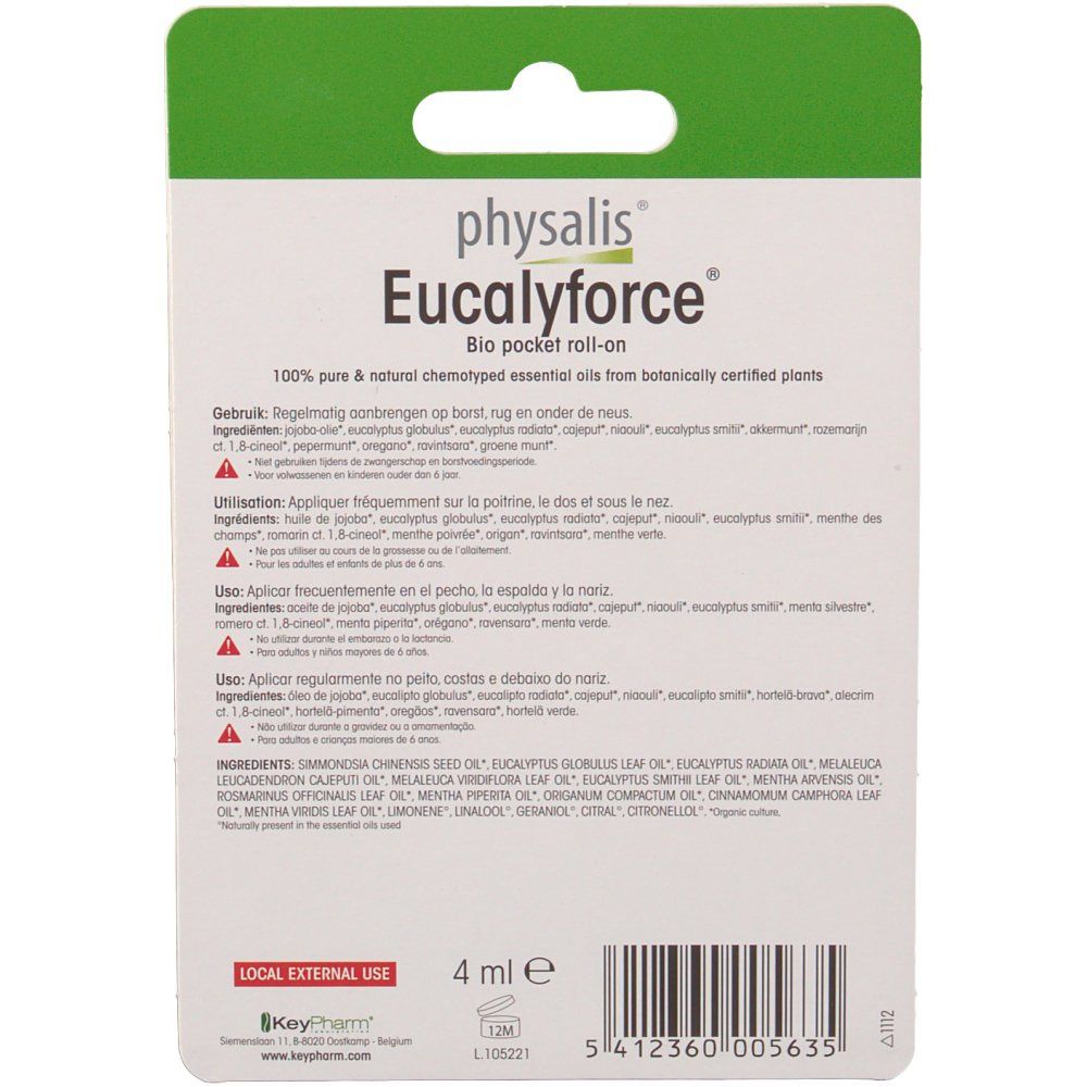 Retro della confezione blister. Testo: Eucalyforce, Bio pocket roll-on. Ingredienti e istruzioni multilingue. 4 ml.