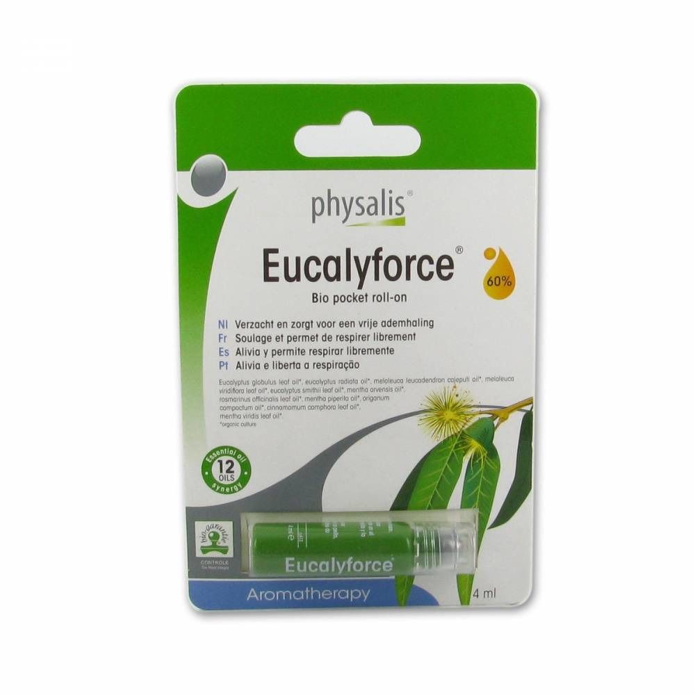 Roll-on in confezione blister. Scritta: Eucalyforce, Bio pocket roll-on. Contiene 12 oli essenziali. 4 ml.