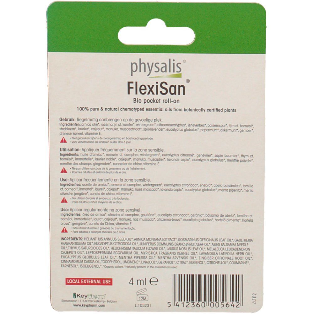 Retro della confezione del roll-on FlexiSan Bio Pocket. Contiene informazioni testuali e ingredienti.