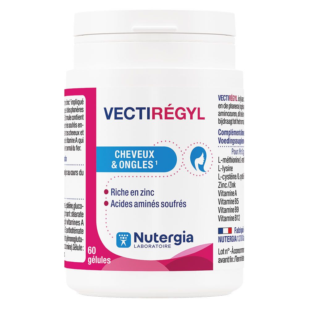 Flacone bianco VECTIRÉGYL. Contiene 60 capsule. Scritta: Cheveux & Ongles, Rich in Zinc, Acides aminés soufrés. Marchio Nutergia.