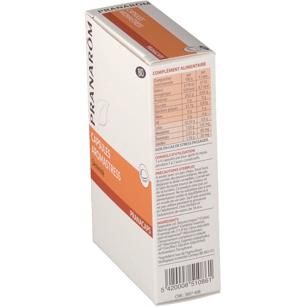 Vista laterale della confezione Pranarom Aromastress Bio. Contiene informazioni nutrizionali e ingredienti. Certificazione Bio. Testo in francese.