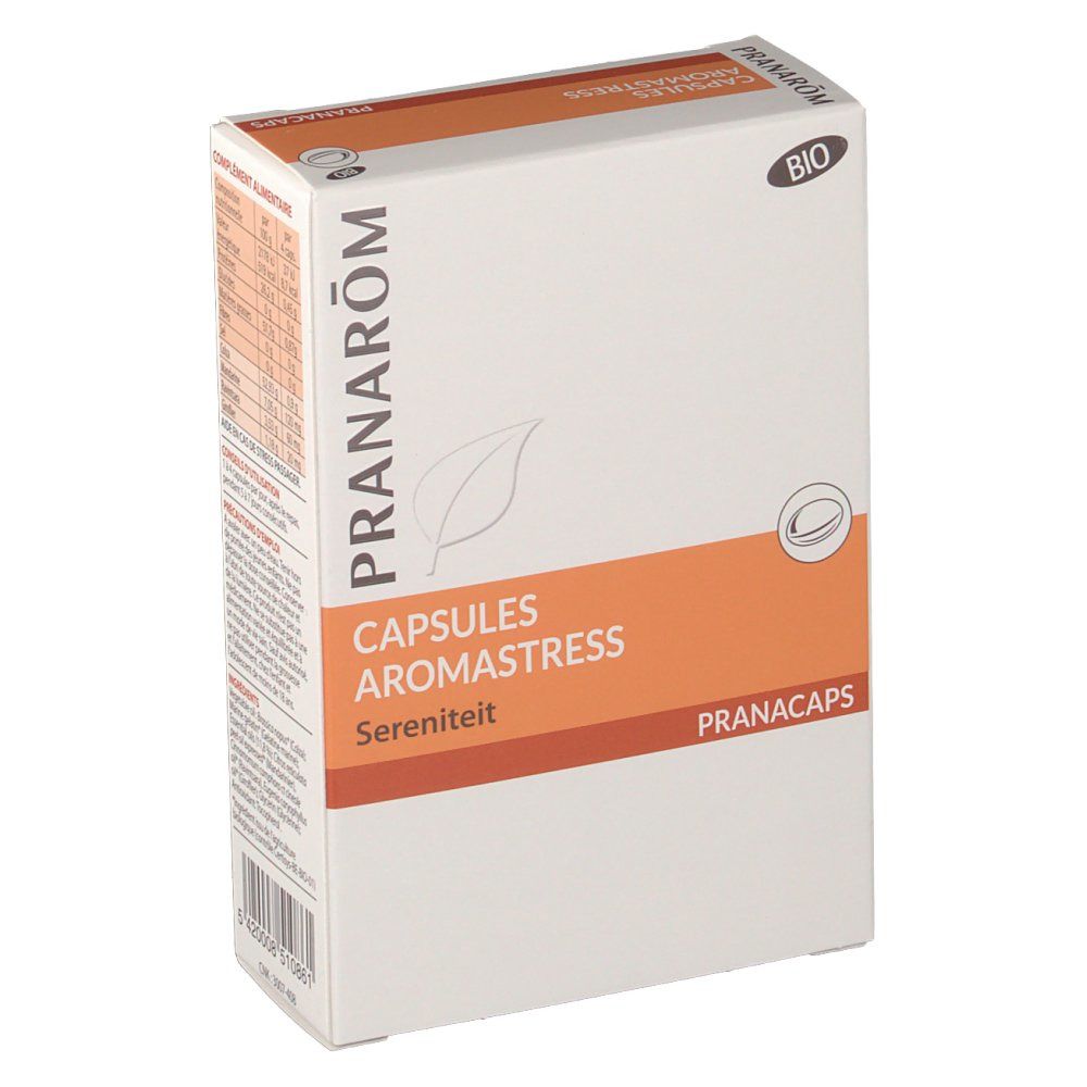 Scatola Pranarom Aromastress Bio. Bianco con dettagli arancioni. Scritta: Capsules Aromastress, Serenity, Pranacaps. Certificazione Bio.