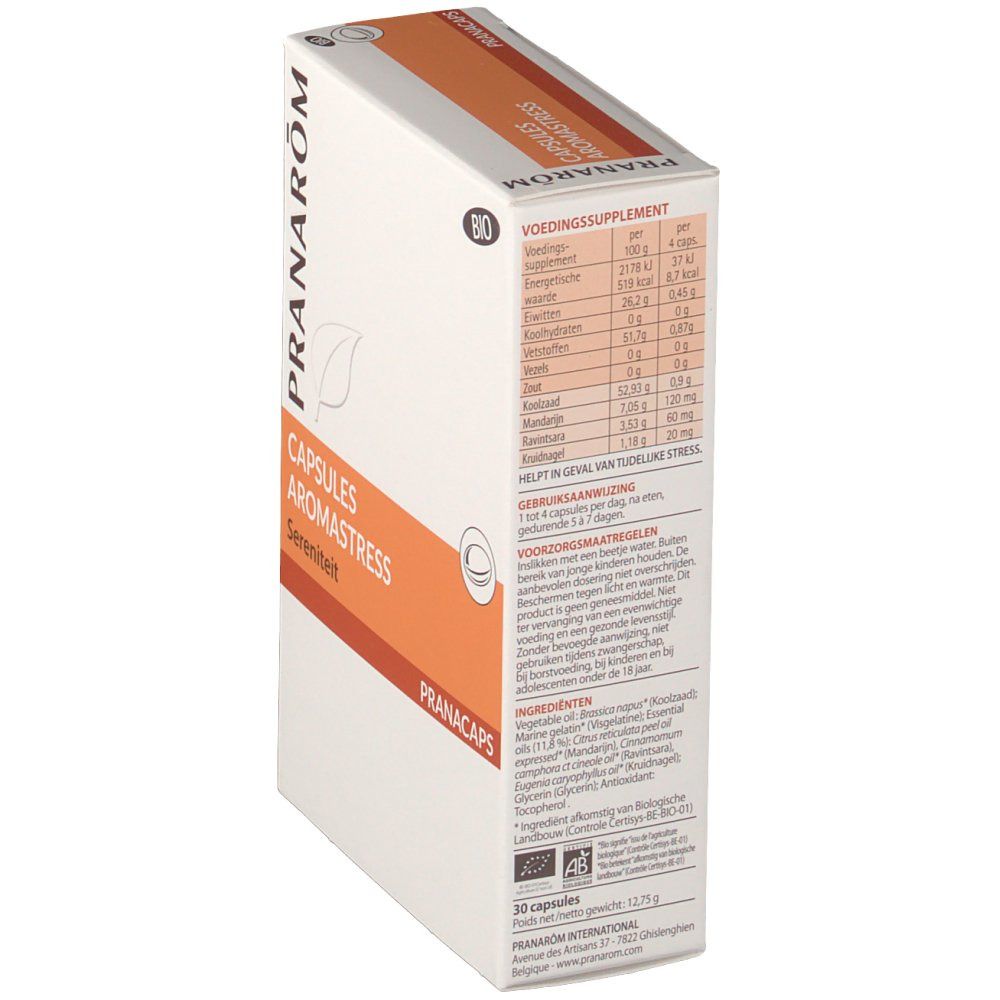 Vista laterale della confezione Pranarom Aromastress Bio. Contiene informazioni nutrizionali e ingredienti. Certificazione Bio. Testo in olandese.