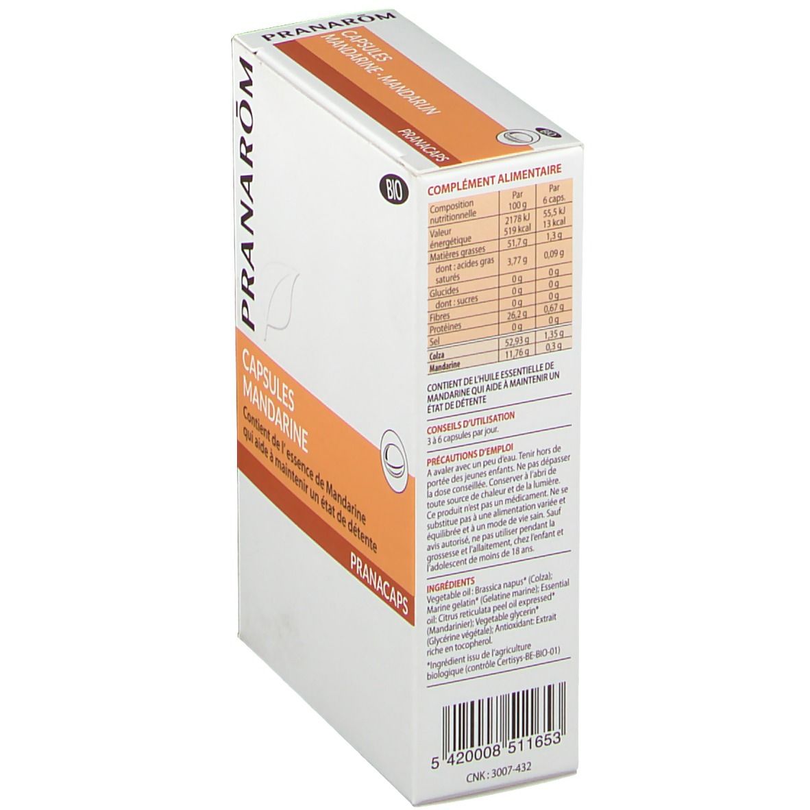 Scatola Capsule Mandarino, angolata. Logo Pranarom. Certificazione Bio. Informazioni nutrizionali. PRANACAPS.