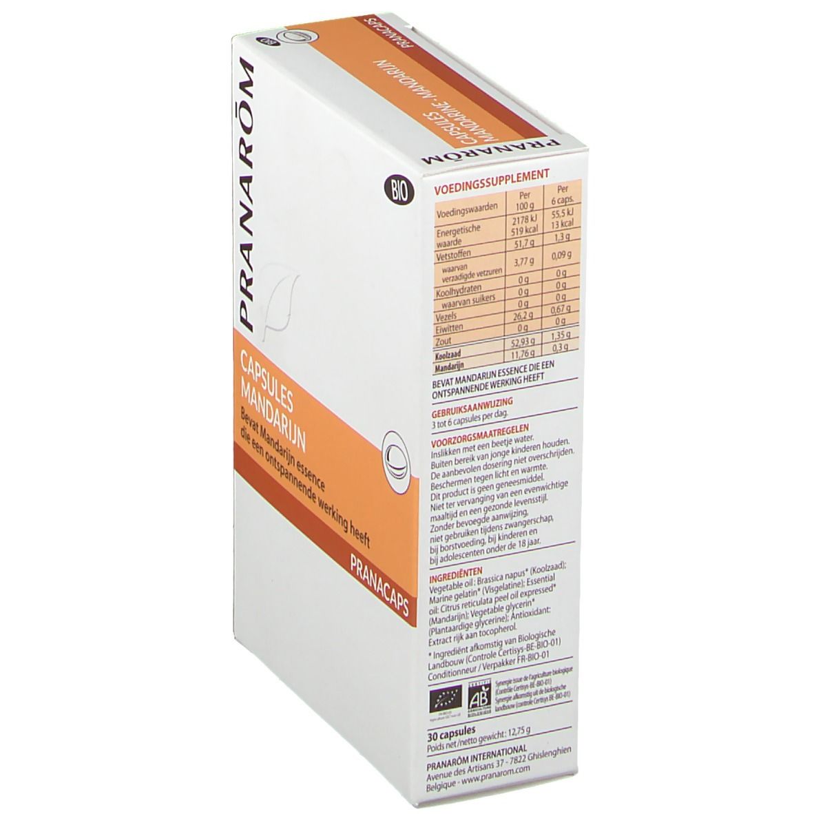 Scatola Capsule Mandarino, angolata. Logo Pranarom. Certificazione Bio. Informazioni nutrizionali. PRANACAPS.