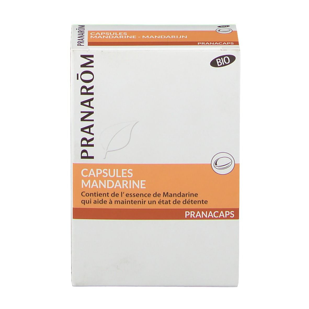 Scatola Capsule Mandarino. Logo Pranarom. Certificazione Bio. Contiene essenza di mandarino. PRANACAPS.