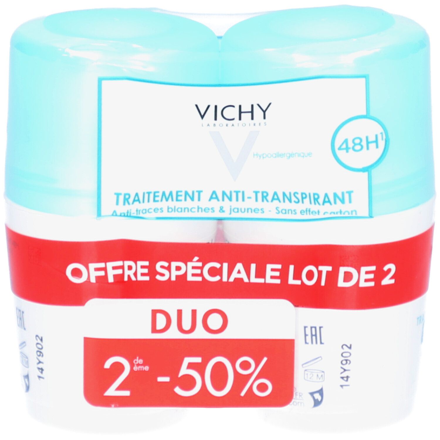 Confezione duo di Vichy Anti-Transpirant 48H. Confezione in plastica. Scritta rossa 'Offre Spéciale Lot de 2'. Flaconi bianchi e blu.
