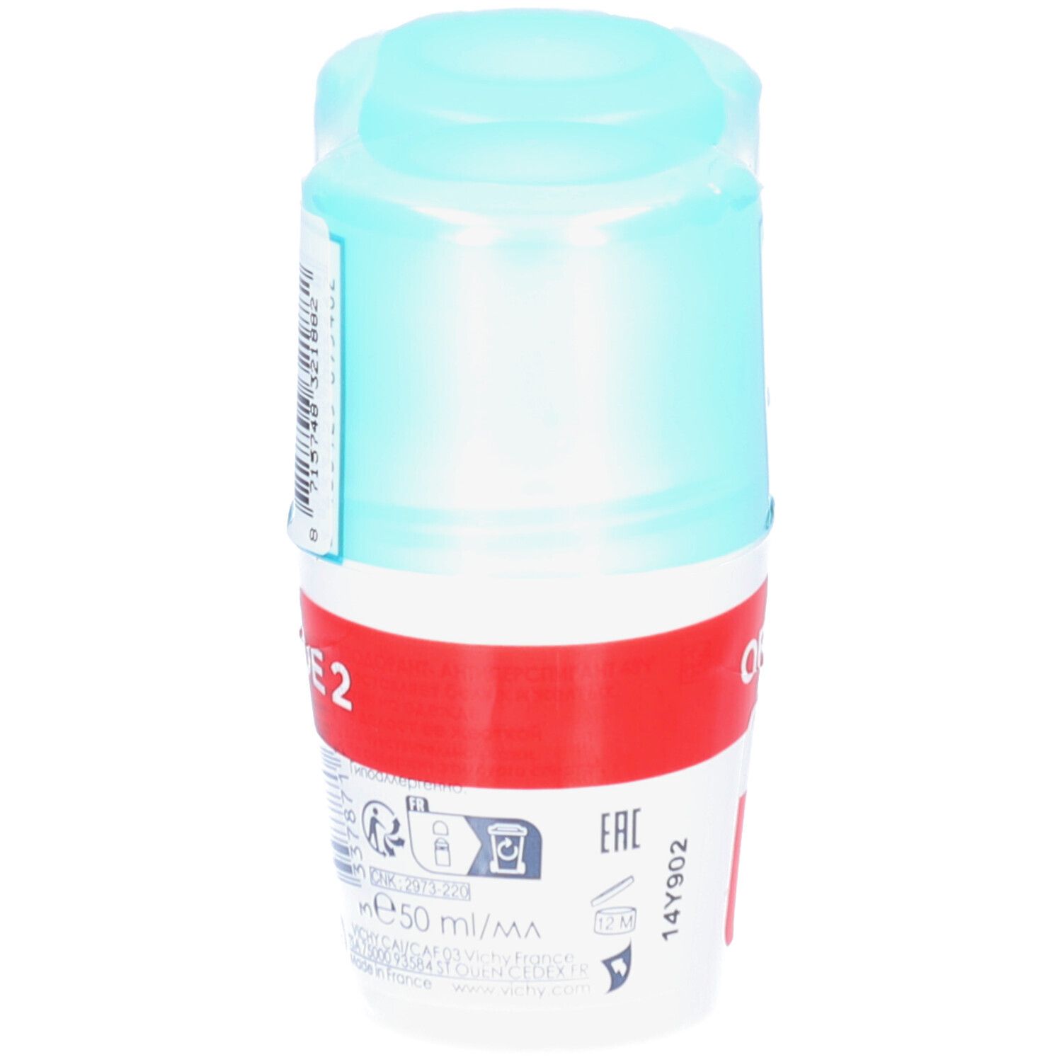 Roll-on Vichy Anti-Transpirant 48H. Singola bottiglia in film. Tappo blu, corpo bianco con fascia rossa. Scritte in francese e olandese.