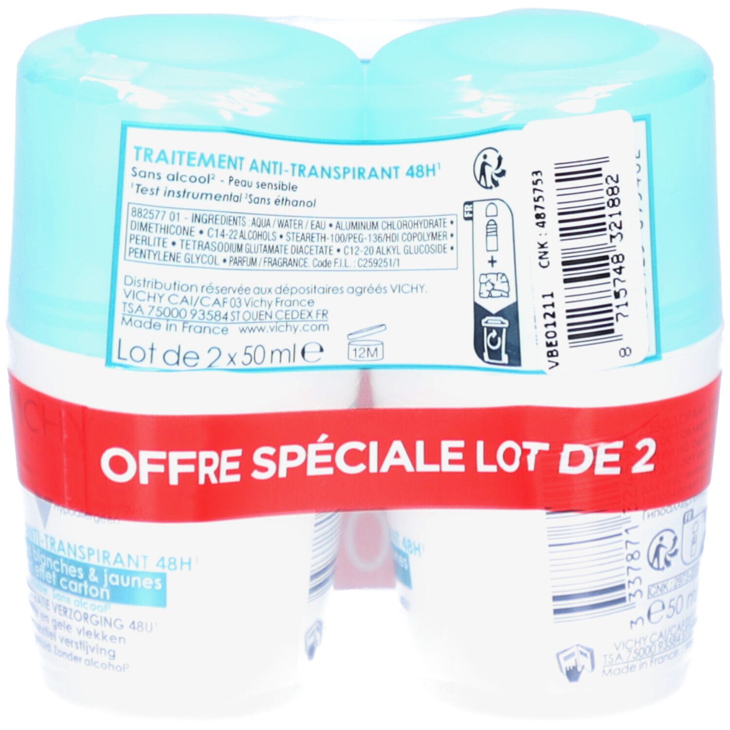Confezione duo di Vichy Anti-Transpirant 48H. Confezione in plastica. Scritta rossa 'Offre Spéciale Lot de 2'. Retro con informazioni.